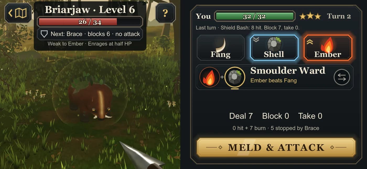Briarjaw in the Old Wood, with Fang, Shell and Ember ready to meld