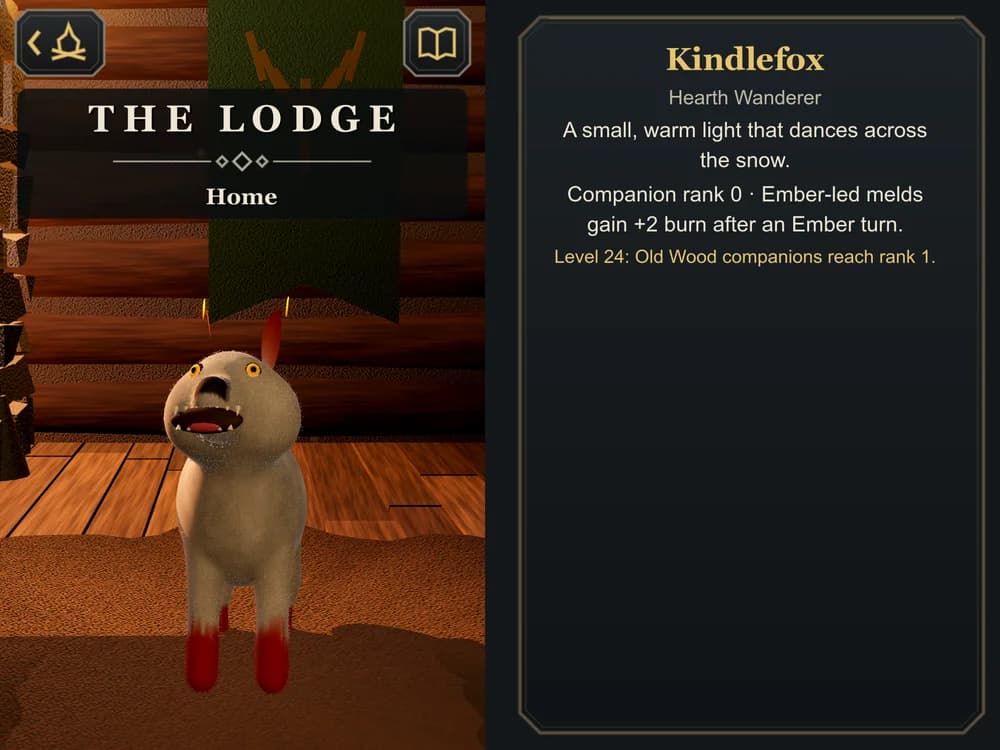 Kindlefox resting in the timber Lodge beside the hearth
